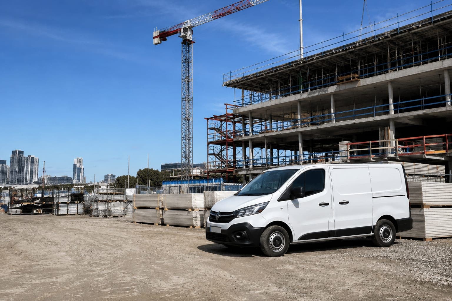 A Tradiez delivery van parked at a commercial construction site with a tower crane and a multi storey building behind it