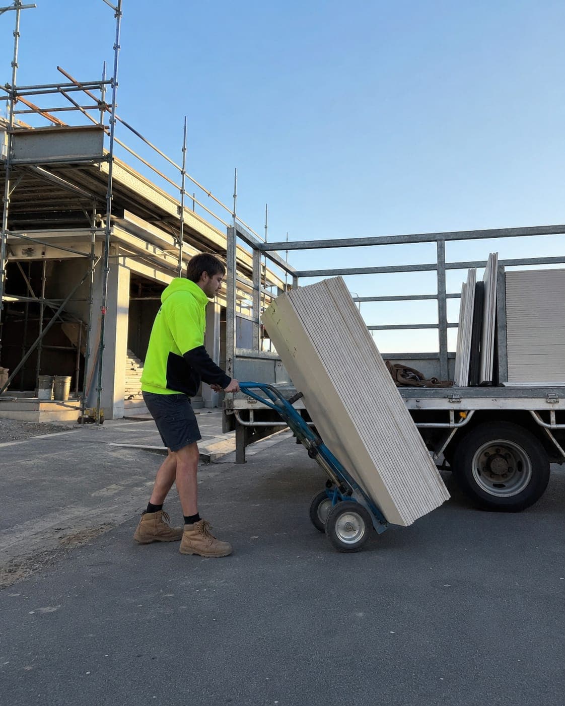 A worker using a hand trolley to move plasterboard sheets off the back of a truck on site